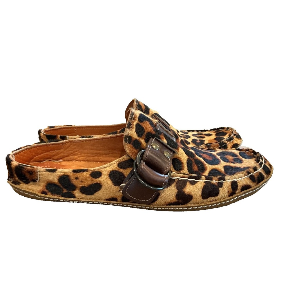 Quoddy 6 Ring Mule in leopard calf hair brown leather strap Loafer Slip On